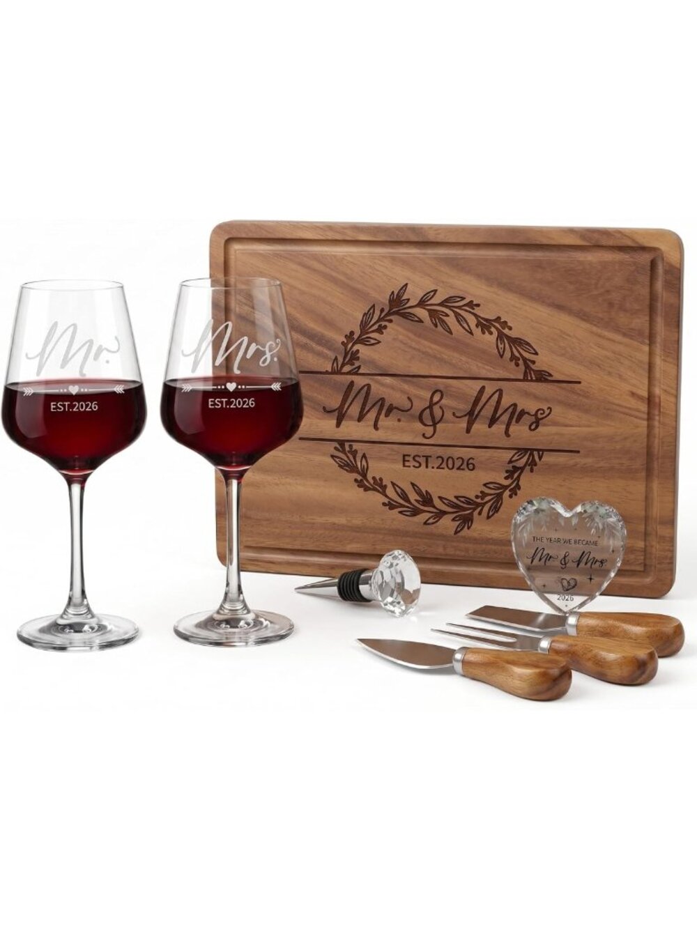 Mr and Mrs Wine Glasses and Charcuterie Board Set,Wedding Gifts for Couples